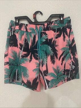 Men's Coral Palm-Print Swim Trunks with Teal Drawstring